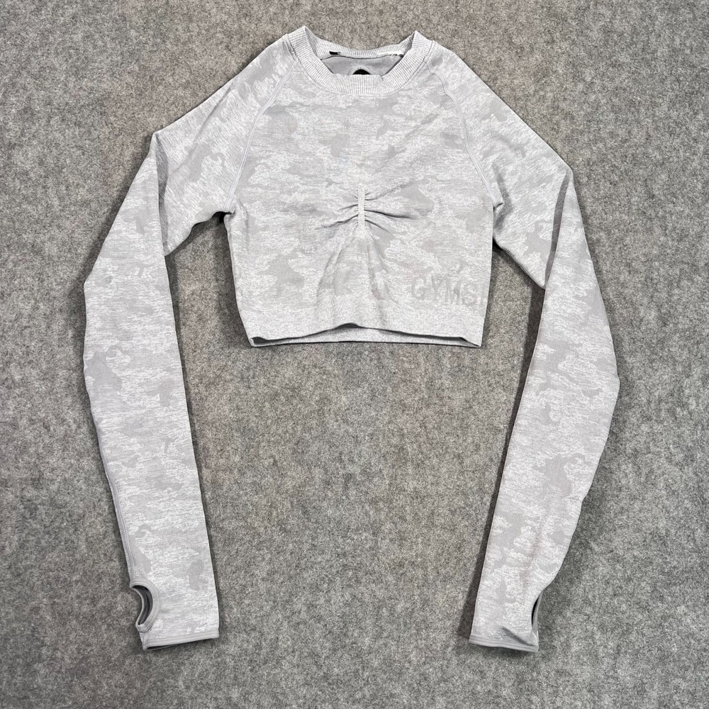 Gymshark Gray Camo Adapt Long Sleeve Seamless Keyhole Back Crop Top Women Size S